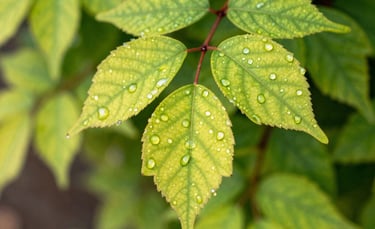 A close-up of sun-drenched green leaves with water droplets in a North Houston garden, vibrant spring colors, soft focus, photography.