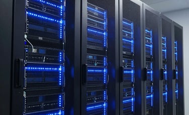 A professional high-tech server room in a South American / Brazilian corporate data center, featuring rows of sleek server racks with glowing deep blue and white LED lights, emphasizing secure infrastructure and cloud technology, modern and clean photography.