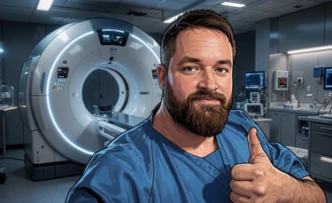 A smiling male radiology technician giving a thumbs up in front of a modern MRI scanner machine.