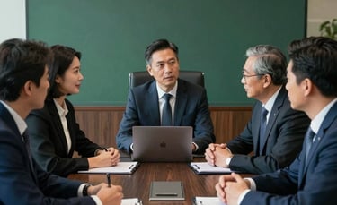 A sharp, professional boardroom meeting in a North American corporate office. Experts in business attire are engaged in a strategic discussion around a dark wood table. Natural light highlights a sophisticated environment featuring dark blue and dark green accents.