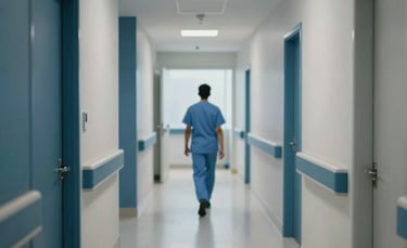 Photography of a modern and clean South American / Brazilian hospital hallway with soft, natural lighting, a blurred healthcare professional in the distance, promoting a sense of calm and professional care. Use a palette of dark blue and light gray tones.