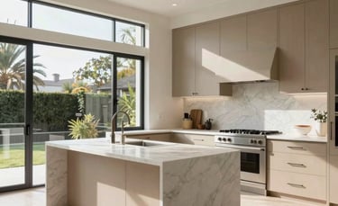 A wide-angle professional photograph of a sun-drenched, high-end modern kitchen in a Los Angeles home, featuring white marble islands and warm beige custom cabinetry, floor-to-ceiling windows, and clean architectural lines, North American / US residential style.