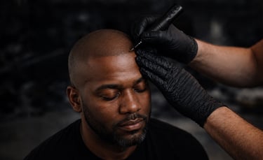 Professional scalp micropigmentation treatment being applied to a man's hairline for hair loss restoration.