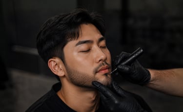 A man receives a professional scalp micropigmentation treatment on his beard for density.