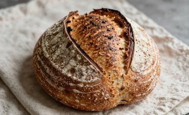 A close-up photography shot in a North American artisanal bakery. A fresh sourdough loaf sits on a Crisp Parchment linen cloth, captured in soft, natural morning light with a cozy Scandinavian aesthetic.