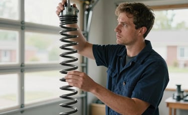 A professional North American technician in a dark blue uniform inspecting a garage door spring inside a residential garage in Orangeville. Sharp focus on the heavy-duty metal components, natural light filtering through windows, clean and organized workspace.