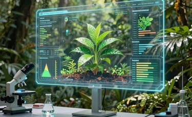 A high-tech laboratory inside a lush Brazilian rainforest, showing transparent holographic screens displaying reforestation data, digital plant growth simulations, soft natural sunlight filtering through green leaves, professional environmental photography style.