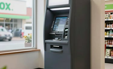 A sleek, modern black ATM machine standing prominently in a bright, clean North American grocery store corner. Soft natural lighting, professional atmosphere with hints of money green in the store branding.