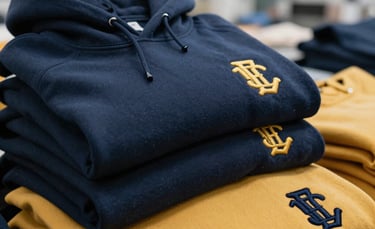 A close-up photography shot of a pile of neatly folded premium cotton hoodies in navy blue and golden yellow, featuring high-quality embroidered class logos. The setting is a bright, modern textile factory in Argentina. Professional lighting highlighting the soft texture of the fabric.