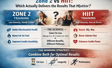 Infographic comparing Zone 2 training and HIIT, highlighting differences in intensity, fat loss mech