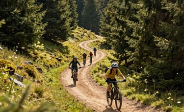 A wide and smooth mountain bike trail winding through a sun-dappled pine forest in the Vosges Region. A family is seen from a distance cycling peacefully together. The lighting is warm and golden, highlighting the soft green grass and the light sage and forest green of the surroundings.