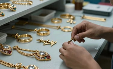 A high-end commercial photograph of premium imitation fashion jewelry being sorted in a sleek manufacturing facility. Soft gold and blue lighting highlights the craftsmanship and luxury. Global B2B / Indian Origin.