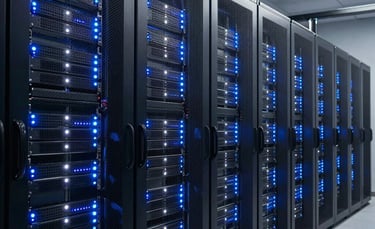 A wide shot of a modern, high-security server room in North America, rows of metallic racks with blue and white indicator lights glowing in the dim, professional environment.