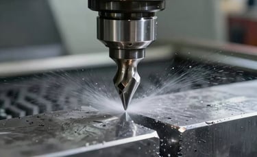 A high-precision CNC milling machine bit cutting through a block of industrial steel, cooling fluid spraying on the contact point, sharp focus, metallic silver and slate gray tones, South American manufacturing facility.