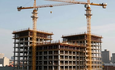 A wide-angle, professional photograph of a large-scale commercial construction project in a major North American city, showing a steel skeleton and cranes against a clear sky, symbolizing growth and capital investment.