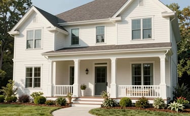 A serene, high-end North American residential ranch-style home exterior with a welcoming porch and beautifully manicured gardens, bright and airy lighting, sophisticated off-white and soft teal color palette.
