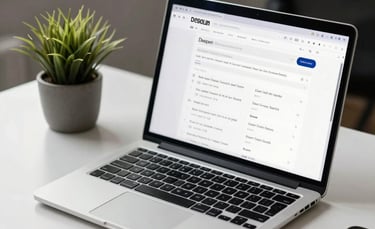 A close-up photograph of a sleek laptop on a minimalist white desk in a sunlit North American office. The screen displays a professional search engine results page with various business listings. The lighting is soft and natural, emphasizing a clean and organized workspace with a small green plant in a charcoal gray ceramic pot.