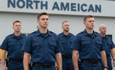 A professional North American response team standing in front of their facility in Issaquah, wearing medium blue uniforms, looking prepared and calm.