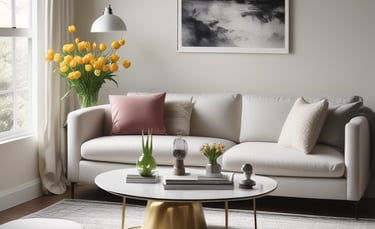 Contemporary decorative items displayed on a wooden shelf in a cozy, inviting space