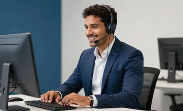 A professional South American man in a refined navy blue blazer, wearing a sleek modern headset, smiling warmly at a minimalist white desk in a high-end office. The lighting is bright and professional, with accents of medium blue and off-white in the background. Brazilian corporate setting.