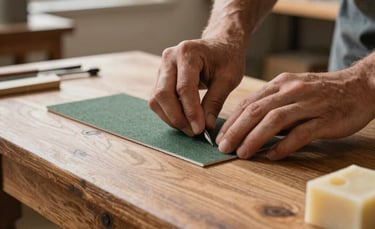 A detailed close-up shot of an artisan's hands carefully using fine sandpaper and natural wax on a vintage oak coffee table. Soft natural light through a workshop window in a Portuguese studio. Professional photography, sharp focus on the wood grain, colors featuring beige and charcoal green tones.