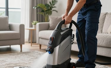 A professional technician in a dark blue uniform operating a high-powered water extraction vacuum on a damp carpet in a modern Miami living room. The scene is bright and professional, emphasizing rapid response and advanced equipment.