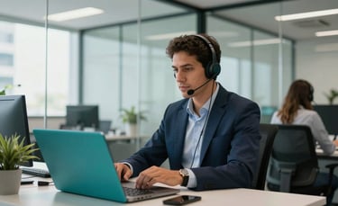 A modern, bright Brazilian office space with sleek glass partitions. A focused professional wears a high-quality headset, sitting at a clean desk with teal and navy accents. Soft daylight, professional photography, South American setting.