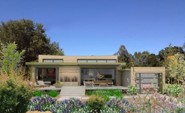 A small off grid landscaped house with an electric vehicle in the garage.