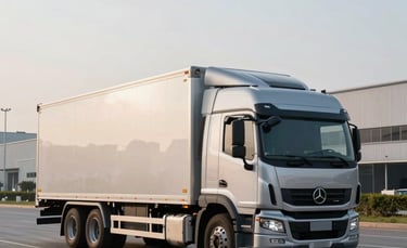 Photography of a sleek, modern logistics truck with a clean silver finish, driving through a professional industrial park in Southeast Asian. Soft morning lighting, minimalist composition, reflecting a premium transportation service.