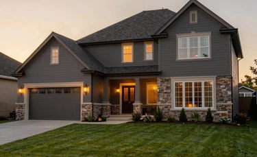 A high-end North American suburban home exterior at sunset, warm golden hour lighting, manicured lawn, elegant architecture with dark gray and stone accents, professional photography style.