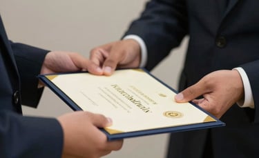 Close-up of hands passing a scholarship certificate to a young person in a formal North American ceremony, symbolizing opportunity and trust. Soft lighting with golden accents.