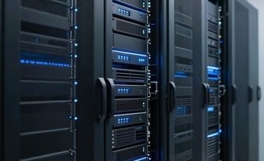 A clean, professional photograph of a high-tech server room in a North American data center, illuminated with subtle medium blue LED lights. The composition has a shallow depth of field focusing on the sleek, secure hardware cabinets to convey digital protection and reliability.