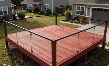 A professional high-angle photograph of a newly finished redwood deck with modern glass railings in a North American suburban backyard, clear morning light, showcasing craftsmanship and strength.