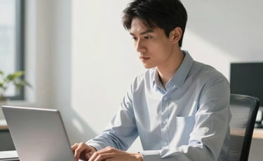 A sharp, high-resolution photograph of a focused young professional sitting in a sunlit, modern North American office. They are looking at a laptop screen with a clear expression of purpose. The workspace is clean and minimalistic with subtle steel blue and off-white accents.