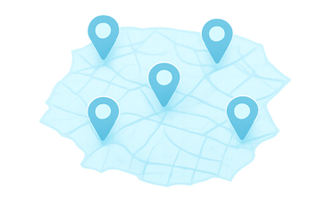 A light blue translucent map silhouette of a city area with location pins