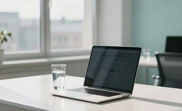 A bright and airy modern office in a European French technology hub. A minimalist desk features a high-end laptop and a glass of water, reflecting sunlight from large windows. The overall aesthetic is professional and clean, using tones of Pale Teal and Off-white.