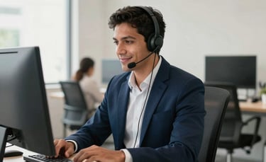 A focused professional wearing a headset in a modern South American office, smiling slightly while working on a computer. The background is a bright, clean office with soft daylight. Color palette features navy blue and off-white.