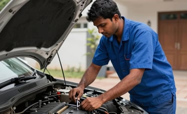 A professional mechanic in a clean blue uniform performing an engine oil change on a car parked in a modern residential driveway in Bangalore. South Asian / Indian setting, bright daylight, clear focus on the car engine and professional tools.