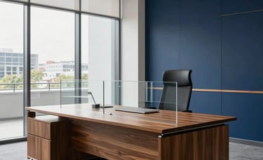 A high-end modern office interior in Cologne, Germany, featuring a polished wooden desk and sophisticated glass partitions. Natural light filters through large windows, creating a bright and professional atmosphere. The scene conveys stability and expertise with a color palette of navy blue and off-white.