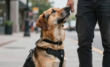 A service dog in a professional harness looking up at its handler with loyalty and focus in a North American urban environment.