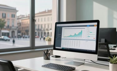 A bright, modern Italian office interior with large windows. A professional workspace featuring a clean white desk, a high-end computer monitor showing financial software, and a view of a Southern European city square in the background. Natural morning light, professional and trustworthy atmosphere with muted blue and light sage accents.