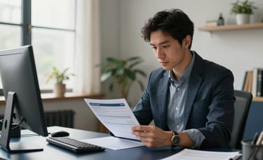 A focused individual in a bright, modern North American home office reviewing a credit report. The setting is professional yet accessible with soft natural lighting and dark blue desk accessories.