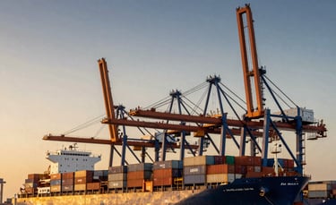 A professional wide-angle photograph of the Jebel Ali port in Dubai during the golden hour, featuring massive container ships and high-tech cranes against a navy blue and gold sky. The composition is modern and industrial, representing Middle Eastern / Gulf logistics excellence.