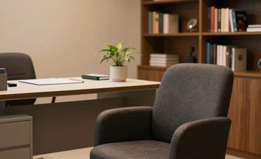 A serene and professional clinical office in a South American style, featuring a comfortable dark gray armchair, a clean modern desk, and bookshelves, with soft amber lighting creating a safe and contemplative atmosphere.