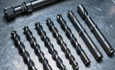 A clean, high-angle studio shot of heavy-duty industrial drill bits and precision-engineered oilfield tools, arranged neatly on a metallic surface, cool professional lighting with steel blue and dark navy tones, International / Global.