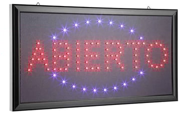 Illuminated red LED Abierto sign with purple lights for storefront business windows.