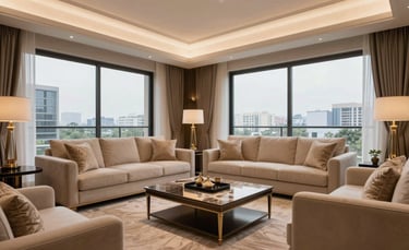 High-definition interior photography of a luxury residential living room in Noida, featuring contemporary South Asian decor, elegant beige furniture, large windows with a city view, and warm ambient lighting. Professional and clean composition.