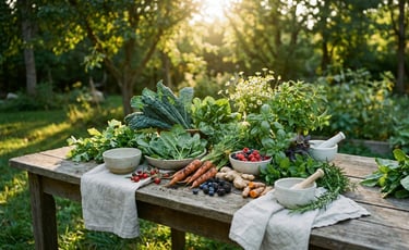 a table with bowls of vegetables and herbs