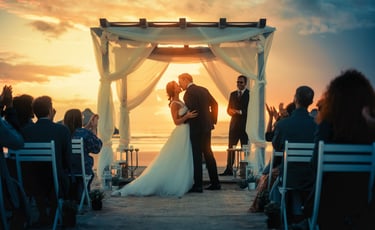 Ceremony Only wedding video—sunset ceremony kiss beneath white canopy