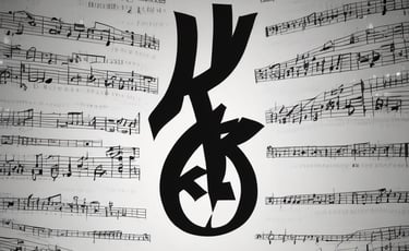 PIECE OF K. symbol over layered sheet music – artistic music identity